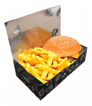 Embalagem Delivery Caixa para Combos (Hambúrguer e Batata Frita) - G  - Metalizada - Pacote com 100 Unidades Cartão 250grs 13 cm x 7 cm x 24 cm Preto / Amarelo / Kraft Revestimento Interno Laminado Corte e Vinco 